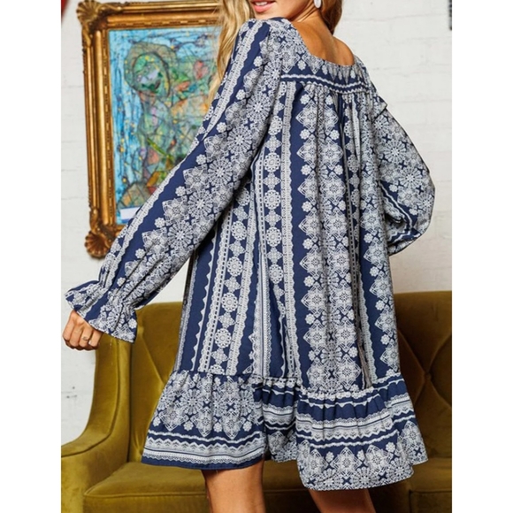 Navy & white multi print boho square neck long flounce sleeve tiered tunic dres - Picture 3 of 3